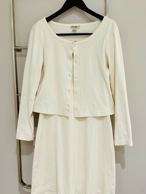 Eddie Bauer Cream Knit Midi Dress with Matching Cardigan